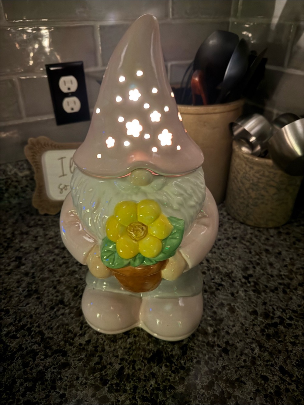 Mr. Christmas Ceramic Gnome • Cookie 🍪 Jar + Night Light Timer (Pink)